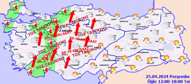 Meteoroloji Genel Müdürlüğü, İç Ege, Batı Akdeniz, İç Anadolu ve Batı Karadeniz'in iç kesimlerinde yer yer toz taşınımı beklediğini duyurdu