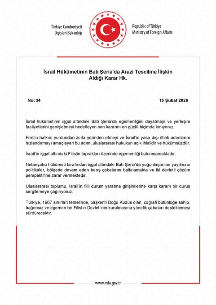 Türkiye’den İsrail’in Batı Şeria kararına tepki