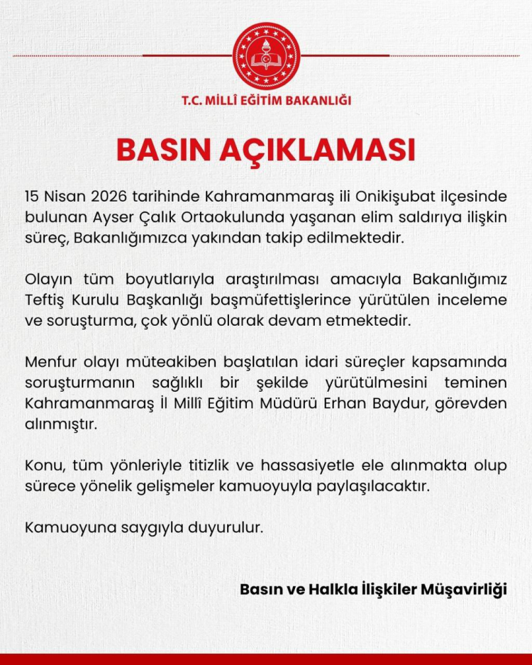 MEB’den Kahramanmaraş soruşturması… İl Müdürü görevden alındı