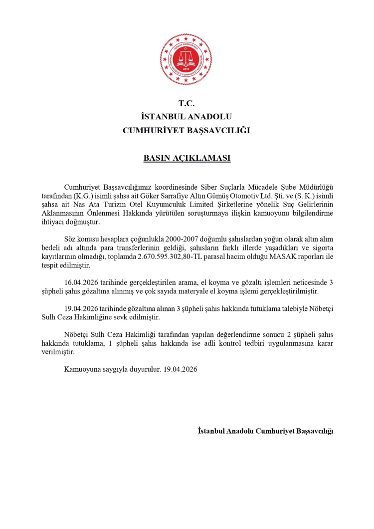 İstanbul’da 2,6 milyar TL’lik kara para soruşturmasında 2 tutuklama