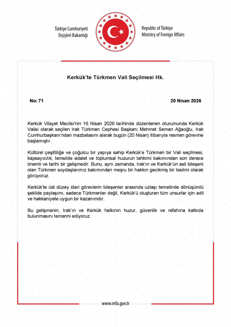 Türkmen Vali göreve başladı… Dışişleri’nden Kerkük mesajı