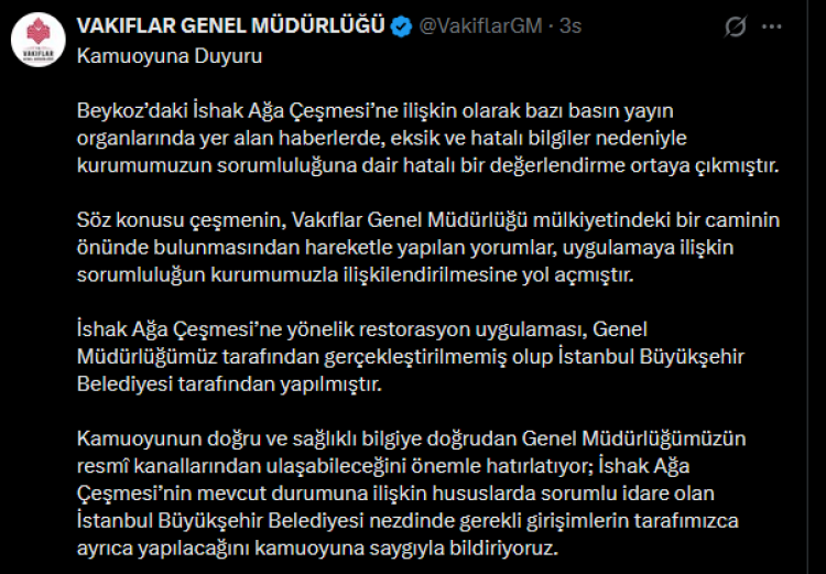 Vakıflar’dan İshak Ağa Çeşmesi tartışmasına açıklık