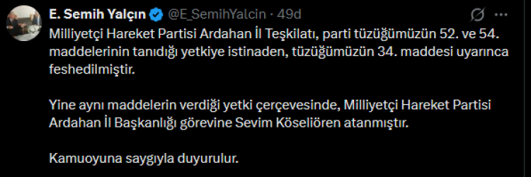 MHP’de bir il teşkilatı daha feshedildi!