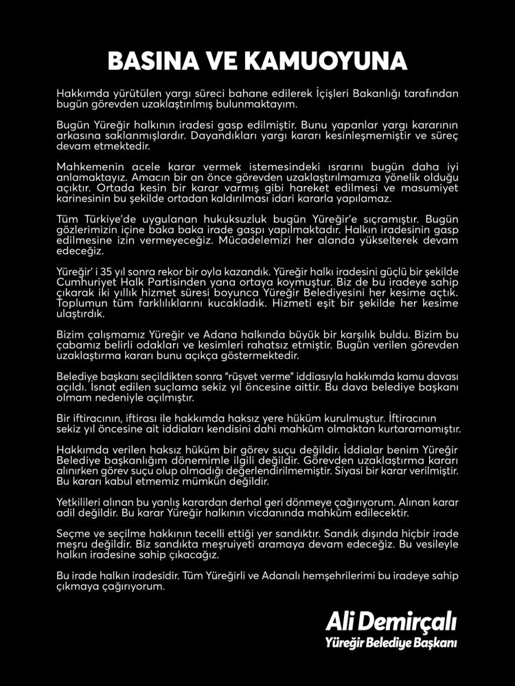 Yüreğir’de görevden uzaklaştırılan Demirçalı’dan sert tepki!