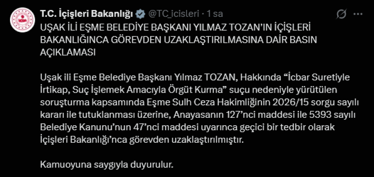 Tutuklanan Eşme Belediye Başkanı görevden uzaklaştırıldı