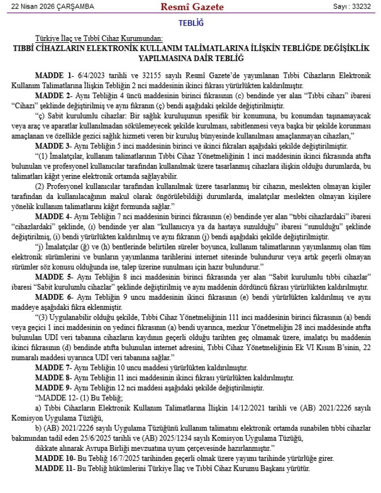 Tıbbi cihaz talimatlarına ayar… Elektronik kullanım düzenlemesi güncellendi