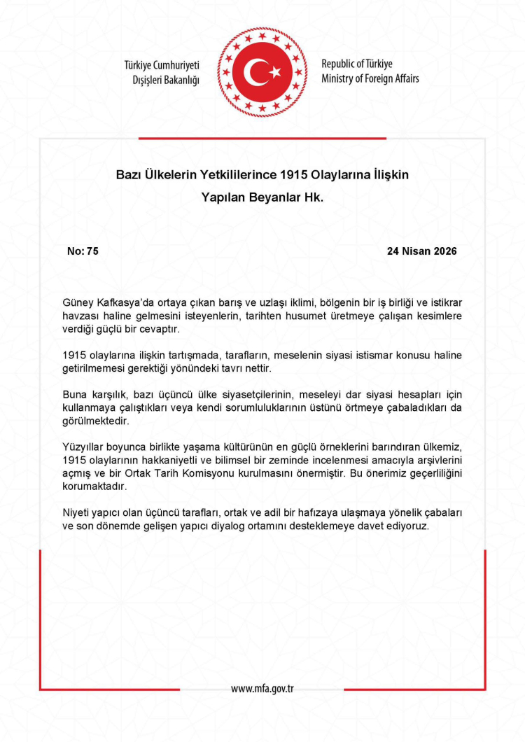 Dışişleri’nden ‘1915 Olayları’ açıklaması