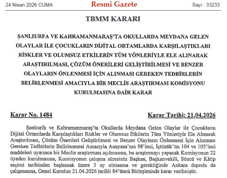 Okul olaylarını araştıracak TBMM kararı Resmi Gazete’de