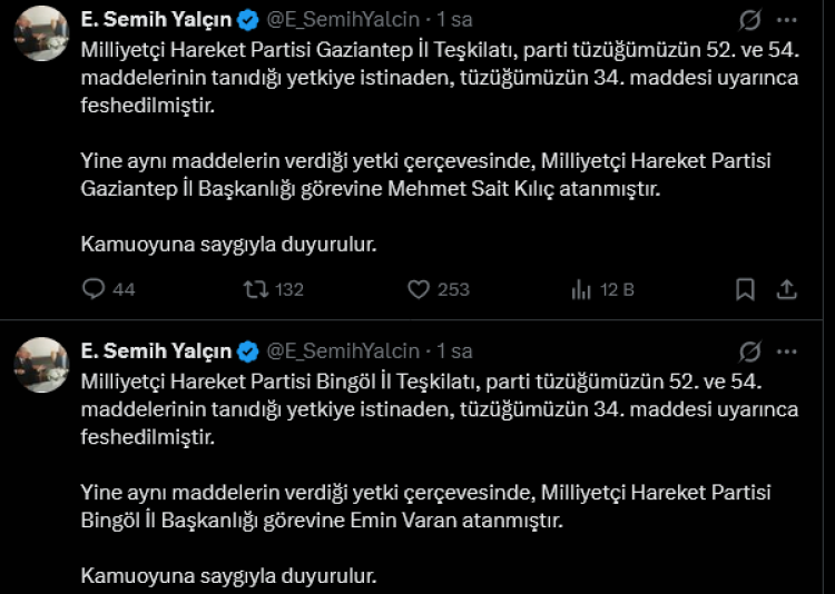 MHP iki il teşkilatını daha feshetti, yeni atamalar yapıldı
