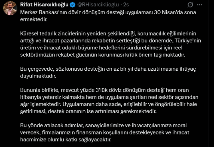 Hisarcıklıoğlu’ndan döviz desteği çağrısı: Uzatılmalı, oranı artırılmalı!