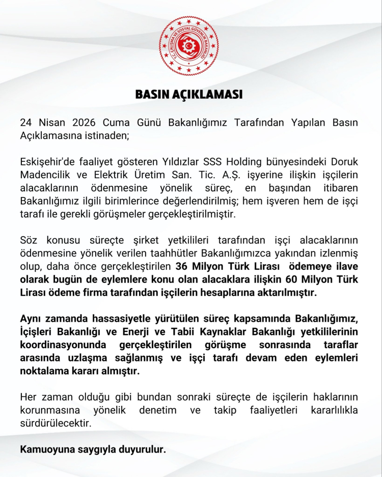 Doruk Madencilik işçilerine 60 milyon TL ödeme… Eylem sona erdi