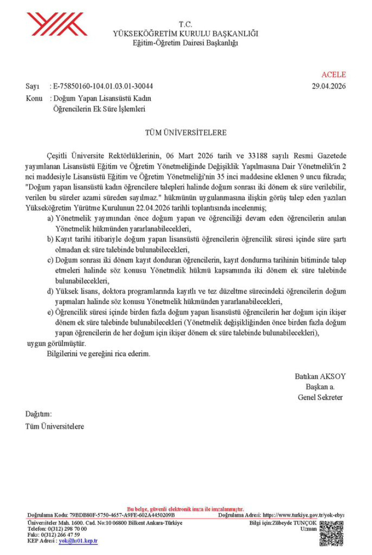 YÖK’ten doğum yapan lisansüstü kadın öğrencilere ek süre düzenlemesi