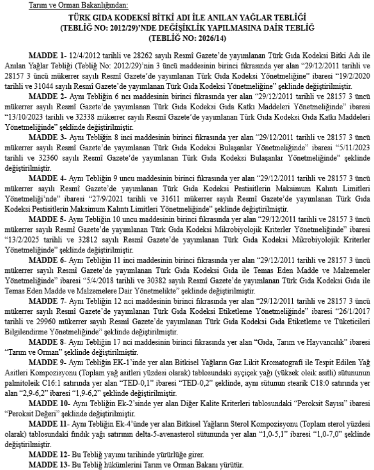 Bitkisel Yağ Tebliği güncellendi… Kalite kriterleri değişti