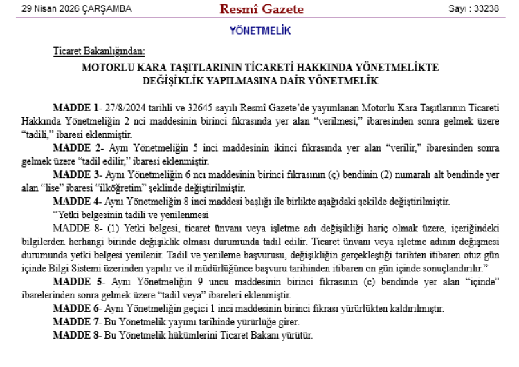 İkinci el araç ticaretinde yetki belgeleri ve eğitim şartı değişti