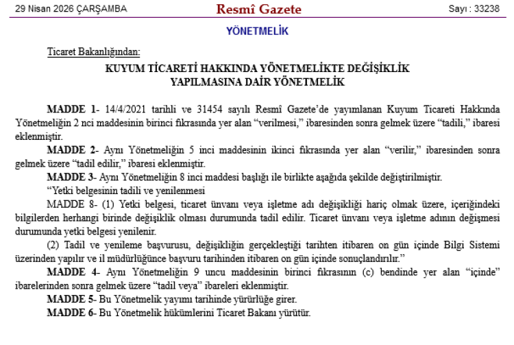 Kuyum Ticareti Yönetmeliği değişti… Yetki belgelerinde ‘tadil’ dönemi