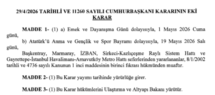 1 ve 19 Mayıs’ta raylı sistemler ücretsiz olacak