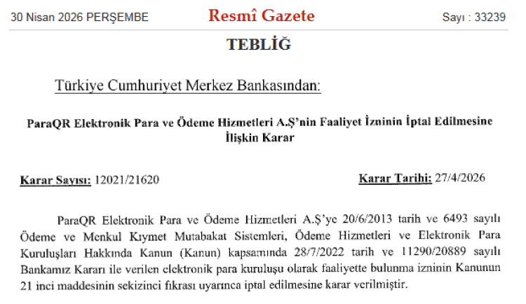 ParaQR’ın faaliyet izni iptal edildi