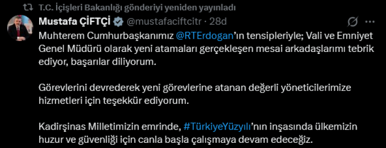 İçişleri Bakanı Çiftçi’den yeni atamalara tebrik