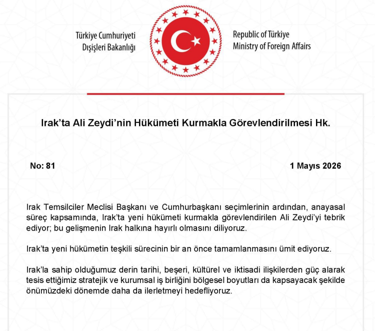 Türkiye’den Irak’a tebrik ve iş birliği mesajı