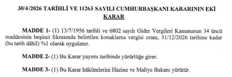 Konaklama Vergisi oranı yıl sonuna kadar yüzde 1’e indirildi