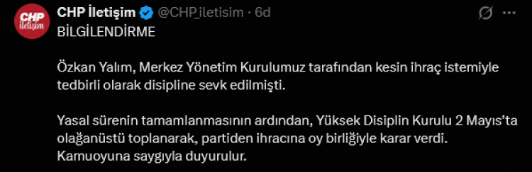 CHP Özkan Yalım’ı ihraç etti!