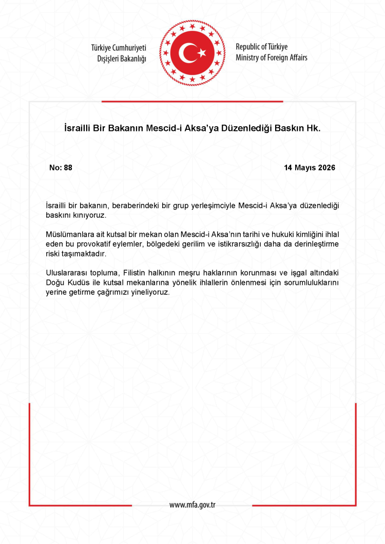 Dışişleri’nden Mescid-i Aksa baskınına sert tepki