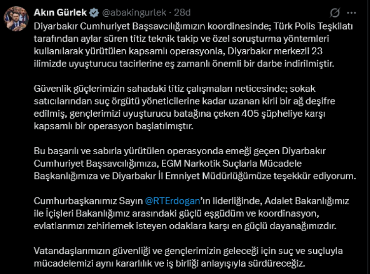 Diyarbakır merkezli 23 ilde uyuşturucu operasyonu: 405 şüpheliye darbe!