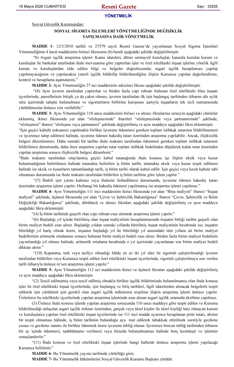 SGK Sosyal Sigorta İşlemleri Yönetmeliğinde değişikliğe gitti
