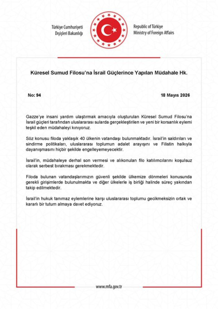 Dışişleri’nden İsrail’in filo müdahalesine sert tepki