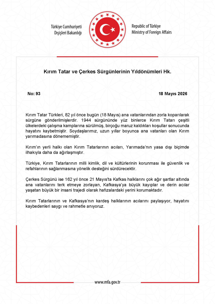 Dışişleri’nden Kırım Tatar Sürgünü ve Çerkes Sürgünü mesajı
