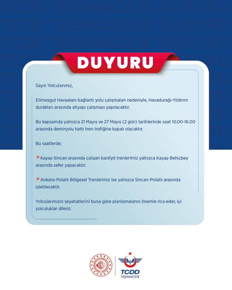 Başkent’te banliyö seferlerine geçici düzenleme