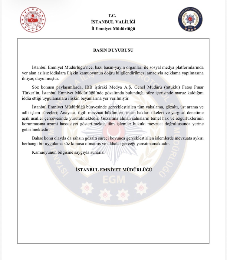 İstanbul Emniyeti’nden Fatoş Pınar Türker iddialarına yalanlama