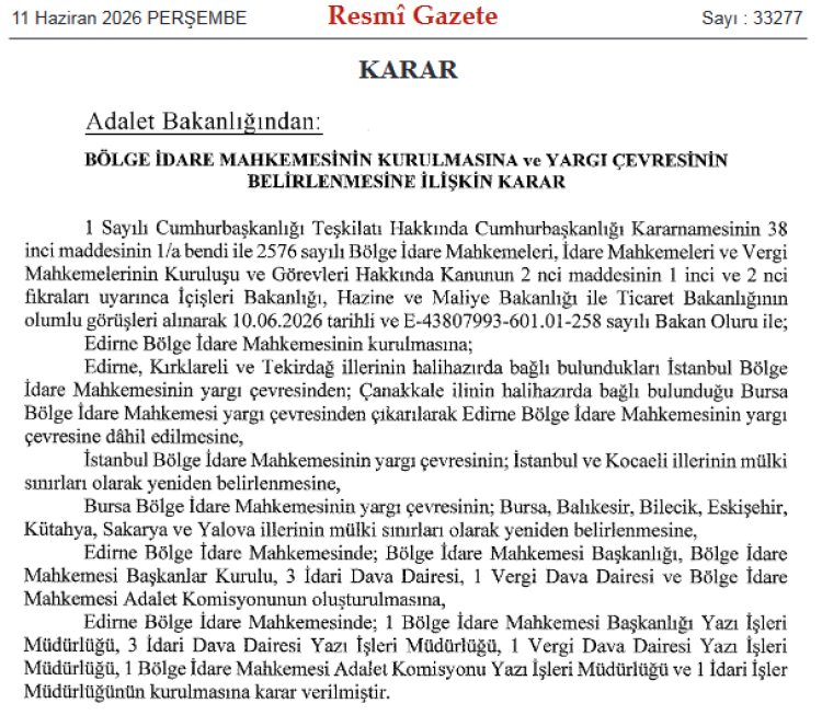 Edirne’ye Bölge İdare Mahkemesi kuruldu… 4 ilin yargı haritası değişti