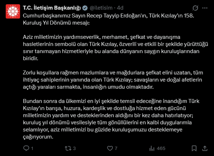 Cumhurbaşkanı Erdoğan’dan Türk Kızılay’a 158. yıl mesajı