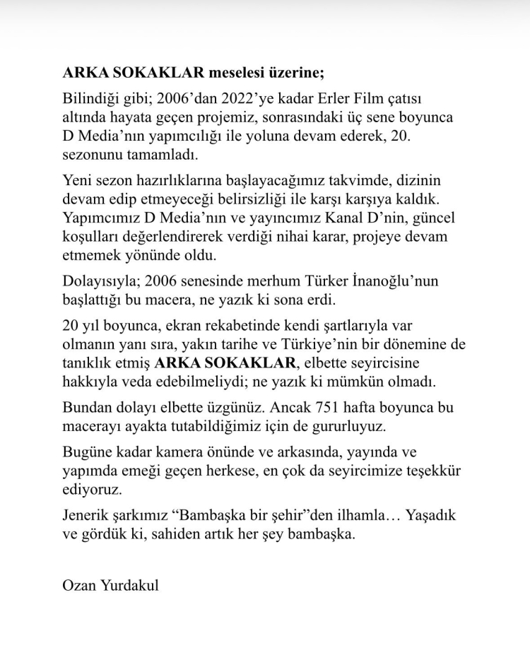 20 yıllık dizi Arka Sokaklar veda etti