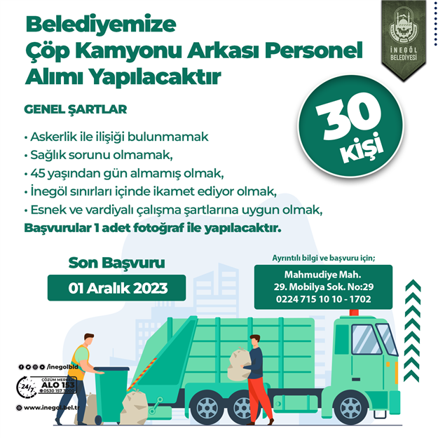 Bursa İnegöl Belediyesi 30 personel alacak