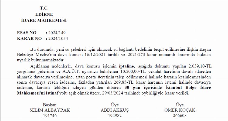 Edirne İdare Mahkemesi, Erikli'de su bağlantı bedelini iptal etti!