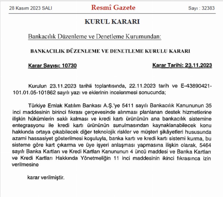 Türk Emlak'a BDDK'dan kart izni